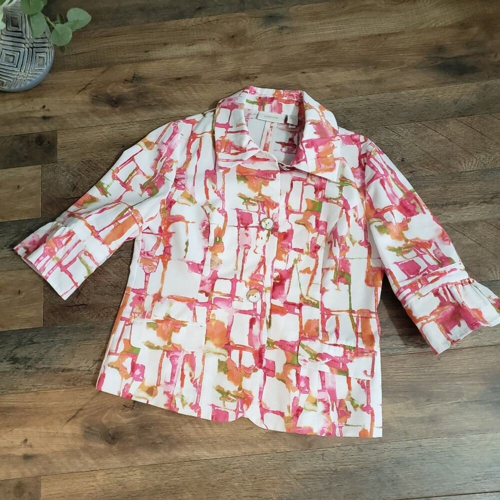Chico's 3/4 Ruffle Sleeve Button Front Welt Pocket Summer Easter‎ Blazer Size XS